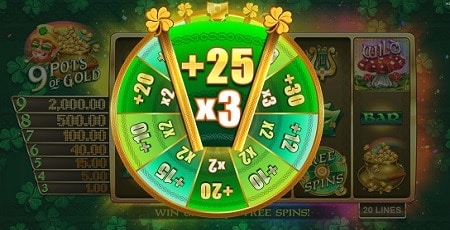 9 Pots of Gold free spins wheel - awarded spin by multiplier